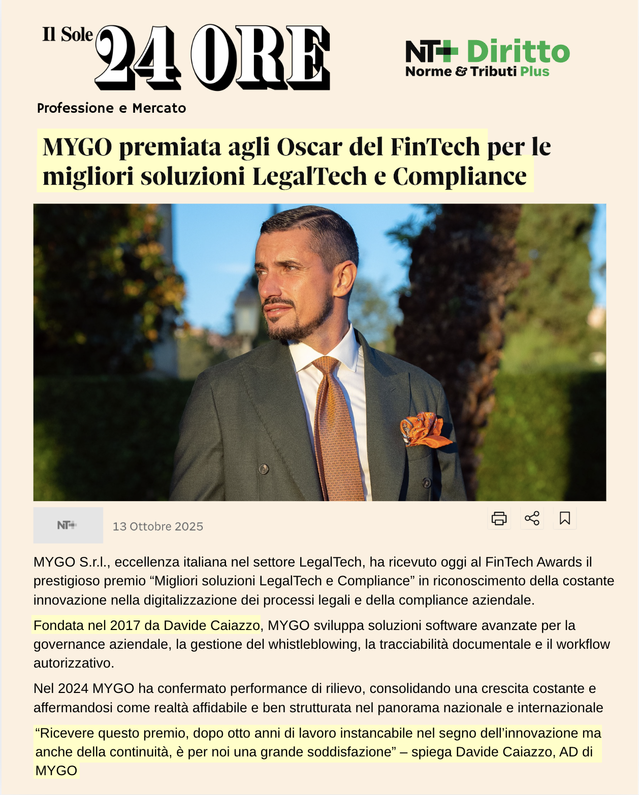 Il Sole 24 Ore - MYGO premiata