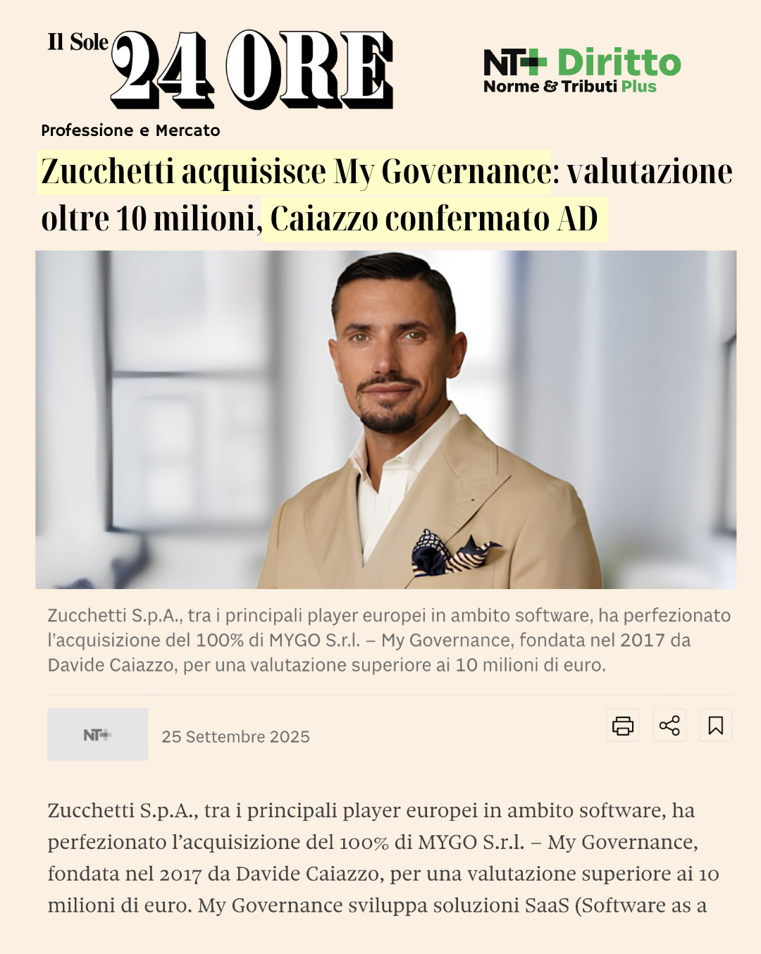 Il Sole 24 Ore - Zucchetti acquisisce My Governance